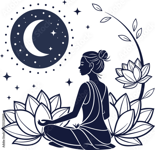 Serene woman meditating under the moon with lotus flowers