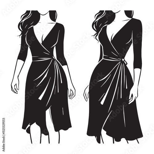Plain vector outline of wrap dress in upright position – wrap dress silhouette – wrap dress vector – wrap dress illustration – ladies dress silhouette – silhouette of wrap dress


