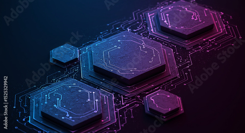 Abstract Technology Background with Hexagonal Shapes and Glowing Circuit Board Lines
