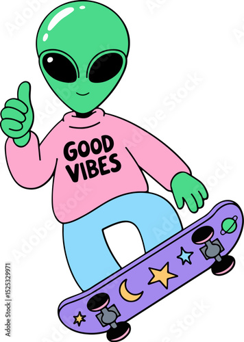 Happy Alien Skateboarder Spreading Good Vibes