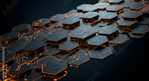 Abstract Hexagonal Technology Background with Glowing Circuits and Dark Textured Surfaces