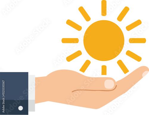 Hand Holding Shining Yellow Sun Symbolizing Energy and Support in Flat Vector Style 