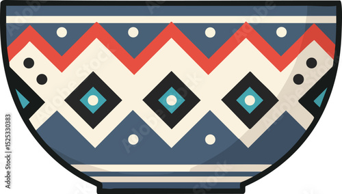 Decorative ceramic bowl with geometric pattern in blue red and white colors vector illustration 