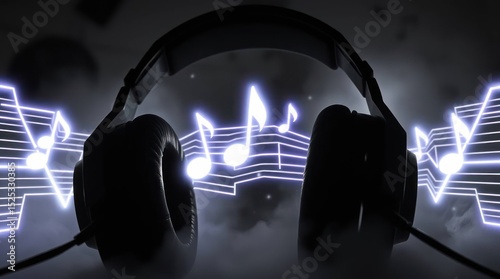 Headphones frame glowing musical notes against a dark smoky backdrop