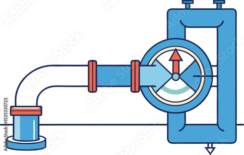 Vector illustration of a pressure gauge attached to a pipeline system in blue and red color scheme. Perfect for industrial, plumbing, mechanical, and fluid control concept designs.