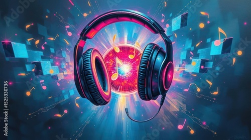 Headphones glow amidst musical notes  geometric shapes in vibrant stylized digital artwork
