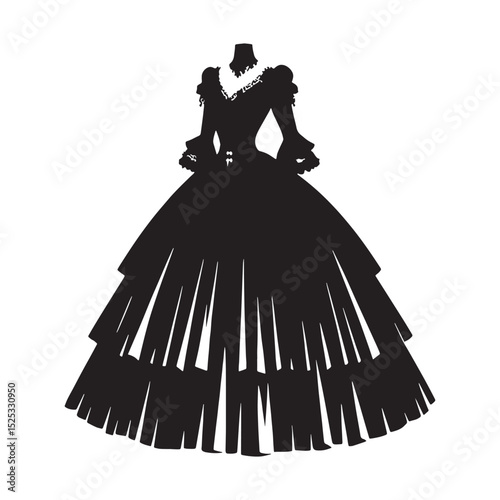 Centralized image of victorian gothic dress shape in flat view – victorian gothic dress silhouette – victorian gothic dress vector – victorian gothic dress illustration – ladies dress silhouette 