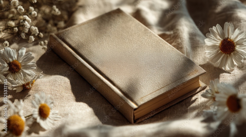 Fototapeta premium Captivating still life of vintage book surrounded by daisies on soft fabric home setting photography cozy atmosphere close-up perspective