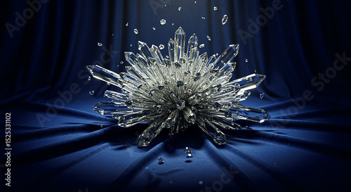 Cluster of Clear Crystals on Deep Blue Fabric with Floating Shards