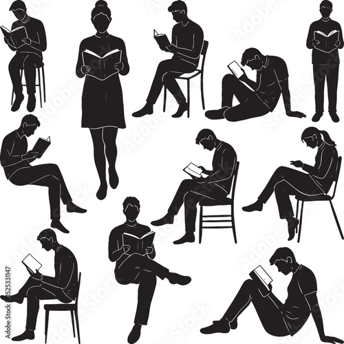 Diverse collection of silhouettes depicting people reading books or using tablets in various postures