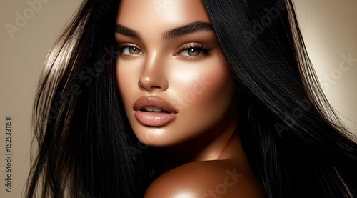 Insanely detailed photo of a beautiful woman with long black hair, she is posing for the camera on a light background. Generative AI.