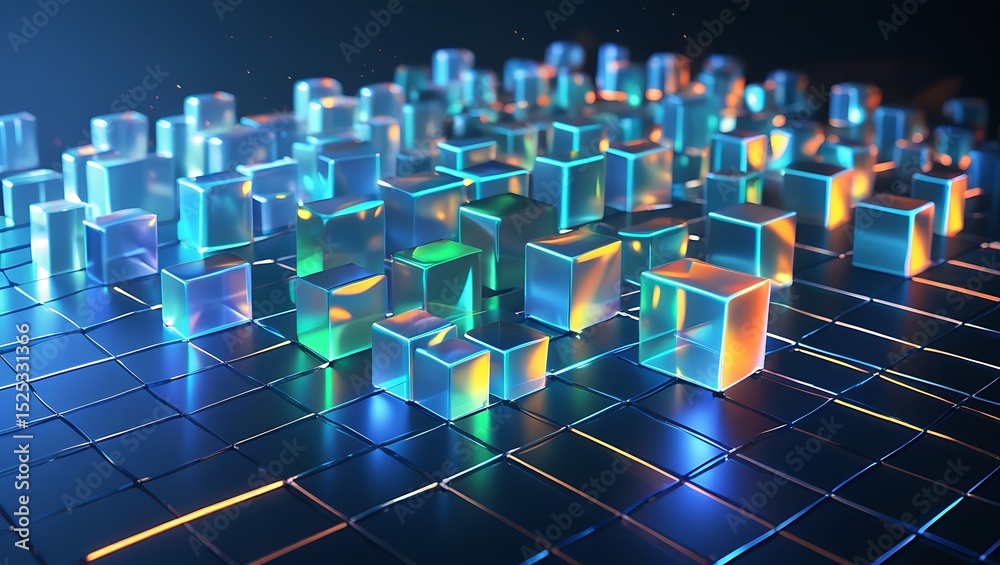 Obraz premium Abstract 3D Cubes, Glowing Neon Cityscape