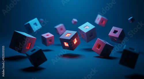 Floating Hollow Cubes with Red and Blue Illumination on a Gradient Background