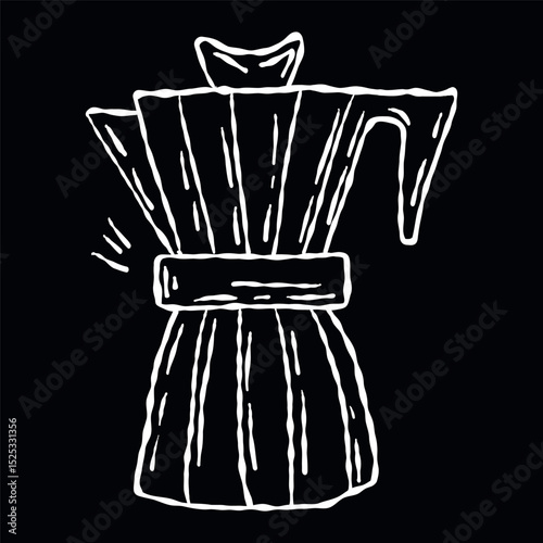 A black and white sketch of a coffee kettle in the sketch style. Lines of hot drinks for the cafe menu.