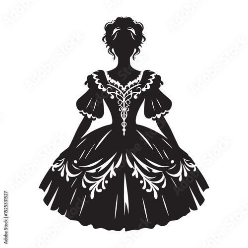Vintage contour of victorian gothic gown in still profile – victorian gothic dress silhouette – victorian gothic dress vector – victorian gothic dress illustration – ladies dress silhouette