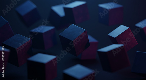 Abstract Floating Cubes in Blue and Red Tones with a Dark Background