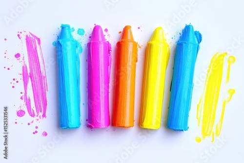 Colorful Crayons and Splashes of Paint on Bright White Background