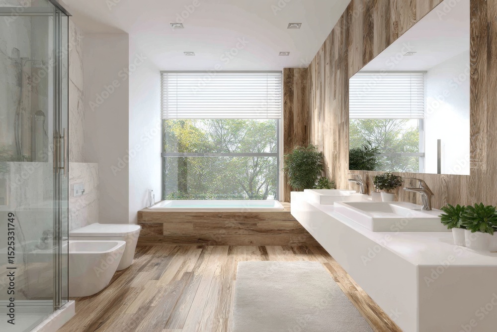 Fototapeta premium Natural Light Modern Bathroom With Wood And White Accents
