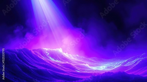 Luminescent waves surge under a violet sky lit by radiant light beams