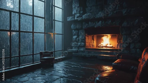 cozy fireplace room on rainy night, rustic fireplace with rain window, warm cabin interior with stormy view, cozy rainy fireplace retreat, rustic cabin interior with storm, warm fire and window rain 