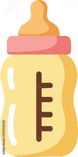 Baby feeding bottle with pink cap and yellow nipple vector illustration for infant care and feeding essentials