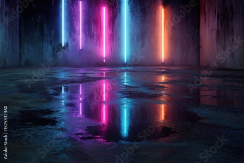 Neon Light Reflection on Wet Floor in Dark Room