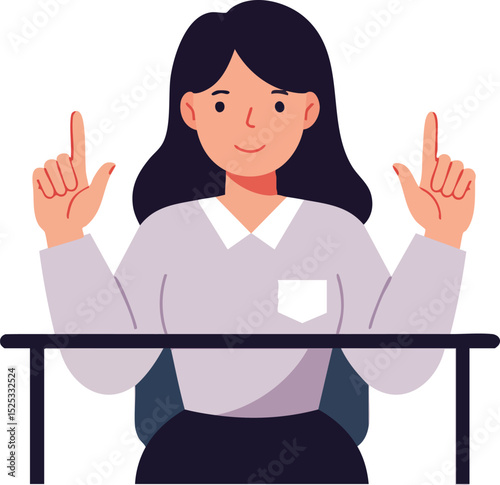 Woman Sitting at Table Pointing Upwards with Both Hands Gesture Illustration Vector 
