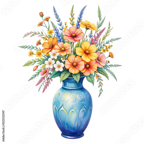 Vibrant floral arrangement in a blue vase nature scene illustration bright colors close-up view botanical art