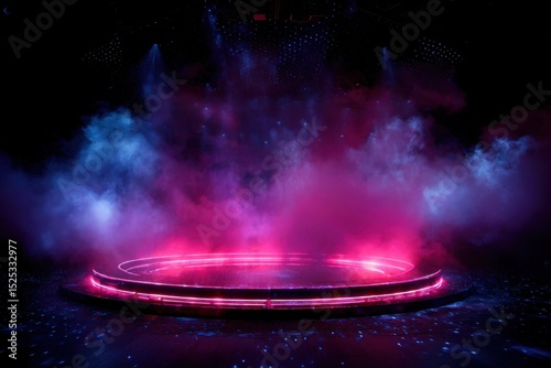 Futuristic Round Platform Stage Lit Up With Smoke