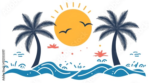 A stylized illustration of a tropical beach scene at sunset featuring two palm trees flanking a large sun, birds in flight, and stylized waves