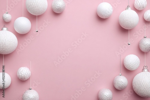 Delicate Pink Christmas Background with White Festive Ornaments