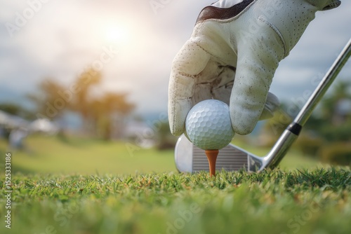 Golf Player Setting Up Ball on Golf Tee