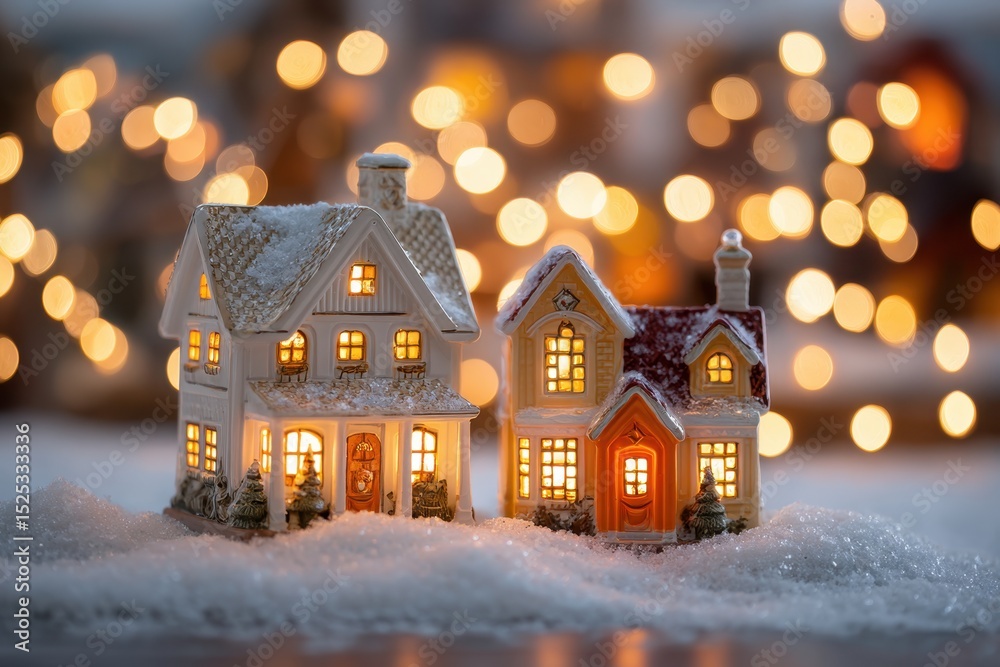 Fototapeta premium Miniature Village Houses Create a Winter Holiday Scene