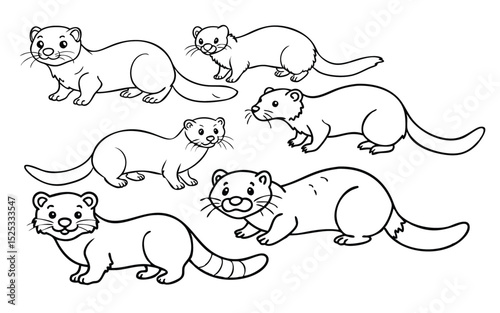 Cartoon ferret sketch line icon.Childish print for nursery, kids apparel, poster, postcard, pattern. Сute animals set of icons.Five Cute Cartoon Otter Coloring Page Illustrations