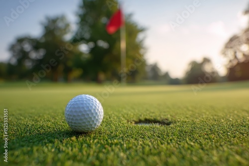 Golf Ball near Hole and Flag in Green Course
