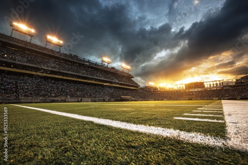 A Football Stadium at Sunset Under Ominous Clouds