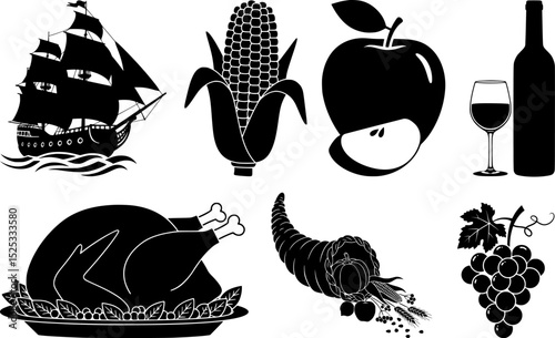 Thanksgiving and autumn harvest silhouette collection with roasted turkey cornucopia wine and pilgrim ship