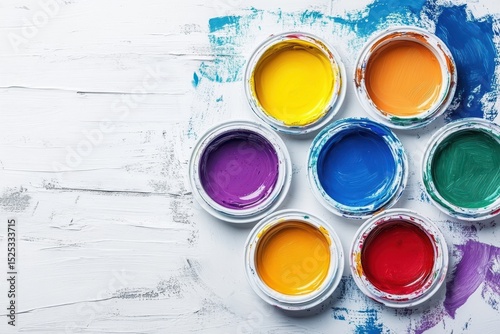 Colorful Paint Pots on a Rustic White Background for Creativity