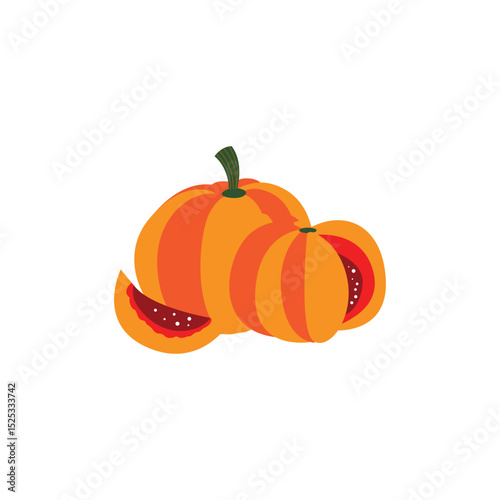 Autumn harvest pumpkins whole and sliced