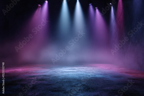 Empty Stage with Spotlights and Colorful Smoke Background