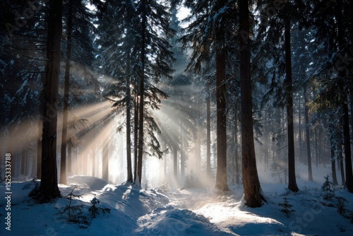 Sun Rays Through Winter Forest with Snow Cover