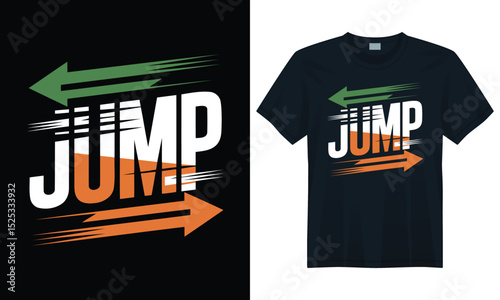 T-shirt design with bold JUMP lettering, energetic arrows in green and orange