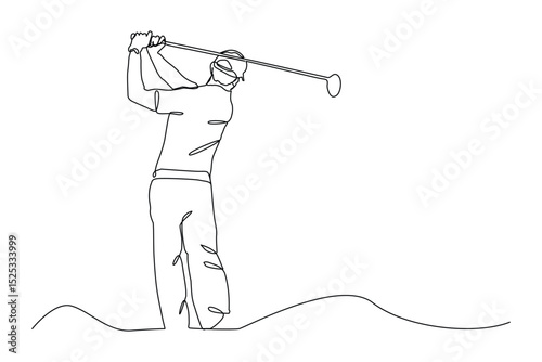 Continuous One  line drawing of young sporty golf player hit the ball using golf club graphic vector illustration. Healthy sport concept.