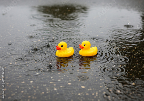 Two yellow rubber ducks floating together in a rainy puddle. Companionship, childhood joy, summer rain, playful scene.