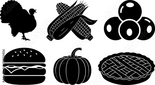 Thanksgiving and autumn food silhouettes with turkey corn pumpkin cranberries hamburger and classic american pie