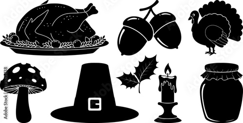 Traditional thanksgiving meal and autumn harvest silhouette collection with roasted turkey and pilgrim hat