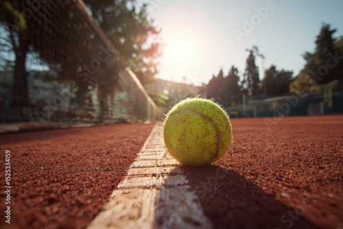 A Tennis Ball on Court Line Outdoors Sunlight