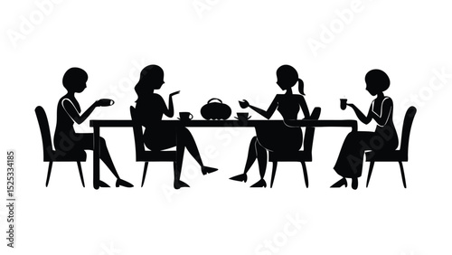Four women enjoying tea together at a table silhouette isolated on white background