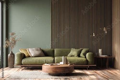 Green Sofa Interior Design with Wooden Wall Panels
