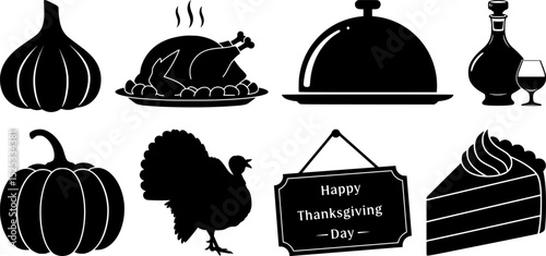 Happy thanksgiving day sign with holiday meal and autumn harvest silhouettes roasted turkey and pumpkin pie